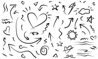 Wall Mural - set of doodle elements black on white background. Arrow, heart, love, star, sun, light, flower, heart.line art style. vector