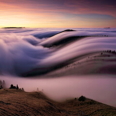 Wall Mural - beautiful sunset on the hill above clouds