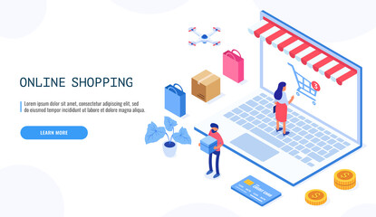 Poster - Landing page with people or buyers, giant laptop computer with store front on screen and place for text. Isometric vector illustration.