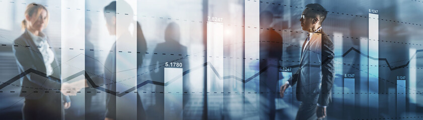 Poster - Diagram on the background of silhouettes and the city. Business candle stick graph chart. Trend of graph.