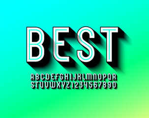 Aufkleber - 3D trendy font, bright alphabet with black shadows, letters and numbers with line, vector illustration 10eps