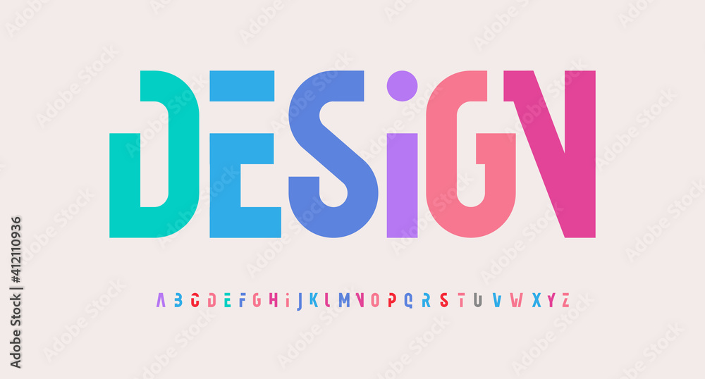 Creative alphabet, rainbow colors, modern geometric font. Bright colorful type for futuristic or kid logo, headline, lettering and typography. Trendy style letters, vector typographic design - obrazy, fototapety, plakaty 