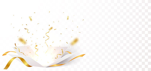 Wall Mural - open box with gold confetti , isolated on transparent background