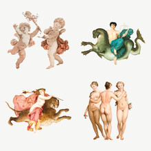 Vintage Cupid, Gods And Nude Woman Illustration Vector Set