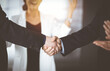 © cameravit - Unknown businesspeople are shaking their hands after signing a contract, while standing together in a sunny modern office, close-up. Business communication, handshake, and marketing concept