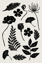 Black Flowers Psd Linocut Hand Drawn Botanical Set