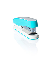 Turquoise Stapler, office device, isolated on white background.