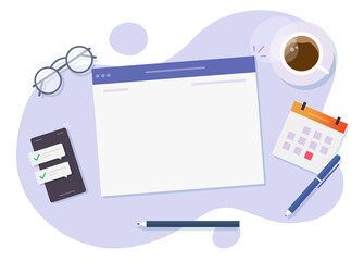 Poster - Web site creating technology concept vector flat cartoon illustration, desktop table with empty blank internet website page building or copy space text banner idea, building digital content