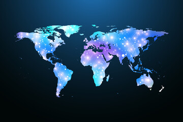 Aufkleber - Map of the planet. Global social network. Floating blue plexus geometric background. Internet and technology. Vector illustration.