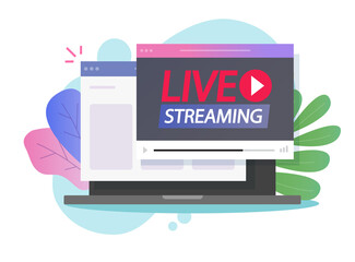 Aufkleber - Online internet live streaming or broadcasting video on web browser page via computer pc vector flat cartoon illustration modern design on modern leaves colorful background