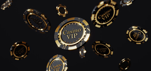 Wall Mural - Casino chips on black background. Casino game golden 3D chips. Online casino background banner or casino logo. Black and gold chips. Gambling concept, poker mobile app icon. 3D rendering.