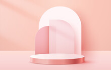 Abstract Scene Background. Cylinder Podium On Pink Background. Product Presentation, Mock Up, Show Cosmetic Product, Podium, Stage Pedestal Or Platform.