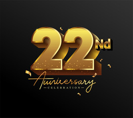 22nd Anniversary Logotype with Gold Confetti Isolated on Black Background, Vector Design for Greeting Card and Invitation Card