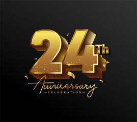 24th Anniversary Logotype with Gold Confetti Isolated on Black Background, Vector Design for Greeting Card and Invitation Card