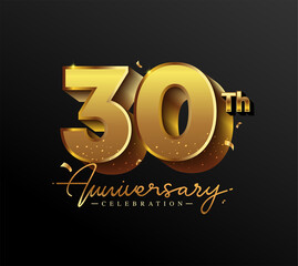 Wall Mural - 30th Anniversary Logotype with Gold Confetti Isolated on Black Background, Vector Design for Greeting Card and Invitation Card