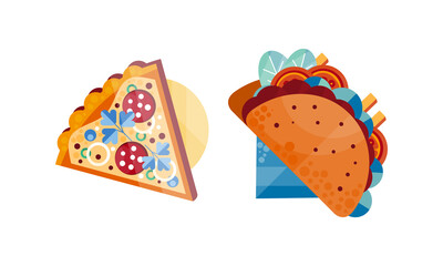 Wall Mural - Slice of Pizza and Tacos, Set, Top View of Appetizing Fresh Fast Food Dishes Flat Vector Illustration