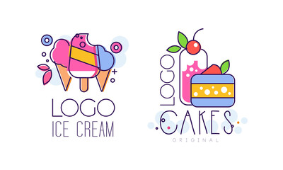 Sticker - Ice Cream and Cakes Logo Design Set, Tasty Sweet Dessert Labels for Bakery, Candy Shop, Cafe Design Cartoon Style Vector Illustration