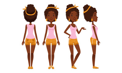 Wall Mural - Pretty African American Girl in Various Poses Set, Beautiful Young Woman Character Creation Cartoon Vector Illustration