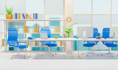 3D image cartoon Contemporary office interior with city view, daylight, furniture and equipment - 3D Rendering