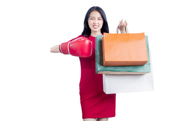 Sticker - Asian woman with boxing glove carrying shopping bags