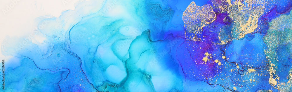 Obraz na płótnie art photography of abstract fluid art painting with alcohol ink, blue and gold colors w salonie