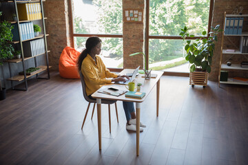 Poster - Full length photo of young dark skin business woman work office manager write laptop indoors in office workplace