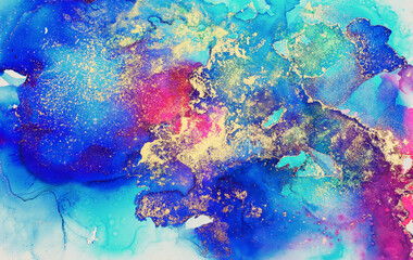 art photography of abstract fluid art painting with alcohol ink, blue, pink, purple and gold colors