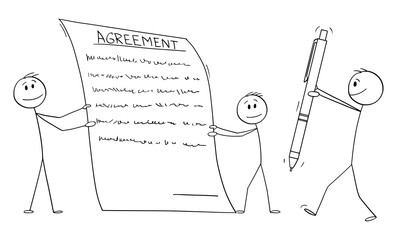 Two men or businessmen holding holding contract or agreement to sign, vector cartoon stick figure or character illustration.