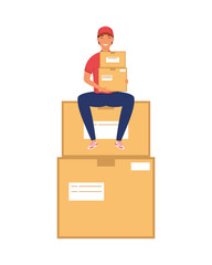 Canvas Print - delivery service worker character seated in boxes carton