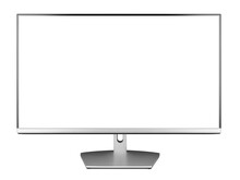 Modern Silver Black LED Computer Flat Screen Display Monitor Isolated On White Background. Pc Hardware Electronics Technology Concept