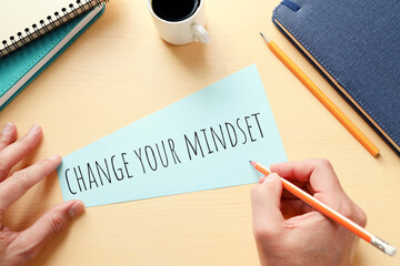 Poster - concept image with change your mindset text. top view of office table