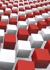Poster - Abstract red and white geometric background with, cubic objects. 3D design template with colored cubes for brochure, leaflet, flyer design. 3D illustration 

