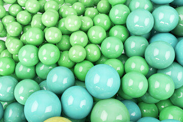 Poster - Background with green balls. 3d round spheres. Geometric design elements circle ball pattern. Design for poster, banner, placard. 3D illustration
