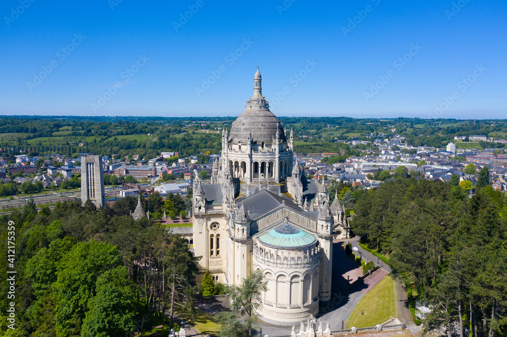 France, Calvados department, Lisieux, Aerial view of Basilica of St. Therese of Lisieux in Normandy - obrazy, fototapety, plakaty 