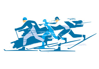 Sticker - Cross Country Skiers, race.
A expressive stylized drawing of three cross-country ski competitors. Vector available