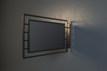 Wall Mural - Blank black street hanging signboard for logo presentation with iron frame on a wall. Mockup. 3D rendering.