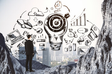 Aufkleber - Plan to achieve the goal concept with businessman in the mountain and drawn sketch of business ideas. Double exposure.
