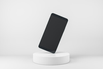 Poster - Cellphone frame with blank black display standing on one corner on white cylinder at abstract light background. Realistic cell phone mockup. 3D rendering.
