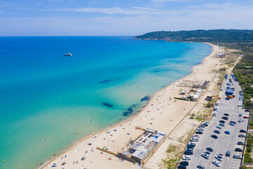 France, Var department, Ramatuelle - Saint Tropez, Aerial view of Pampelonne beach, the famous beach located on French Riviera