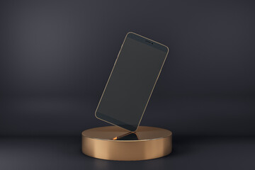 Poster - Blank black smartphone display standing on one corner on golden cylinder at abstract dark background. Realistic cell phone mockup. 3D rendering.
