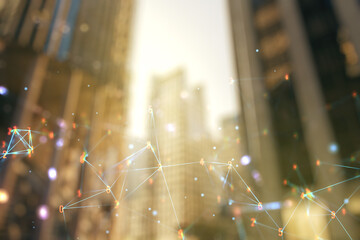 Poster - Abstract virtual wireless technology hologram on office buildings background. Big data and database concept. Multiexposure