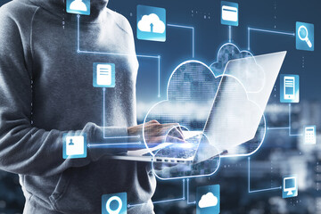 Poster - Cloud service security: hacker with laptop and digital screen with cloud service application icons.