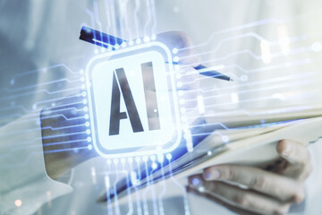 Poster - Double exposure of creative artificial Intelligence icon with man hand writing in notebook on background. Neural networks and machine learning concept