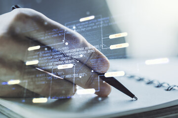 Poster - Multi exposure of abstract programming language hologram with man hand writing in notepad on background, artificial intelligence and machine learning concept