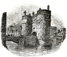Strong Stone Building Known As Byward Tower, South-west Corner Of The Tower Of London In A Round No Edged Frame. Ancient Grey Tone Etching Style Art By Unidentified Author, Magasin Pittoresque, 1838