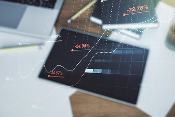 Aufkleber - Double exposure of abstract creative statistics data hologram and modern digital tablet on background, analytics and forecasting concept