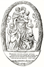 Allegorical Illustration Of Charity Representing Woman Taking Care Of Naked Children Framed By Floreal Oval. Ancient Grey Tone Etching Style Art By S. Germain And Quarterly, Magasin Pittoresque, 1838