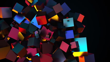 Aufkleber - Multicolored random cubes filling the screen, computer generated. 3d rendering neon technological background