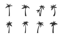 Palm Tree Set. 8 Black Palm Tree Icons Isolated On White Background. Palm Tree Silhouettes. Vector Illustration