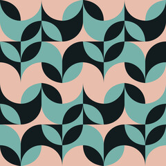 Poster - Seamless geometric pattern with the image of spring flowers, herbs, leaves, plants, circles. Vector design for web banner, business presentation, brand package, fabric, print, wallpaper, postcard.